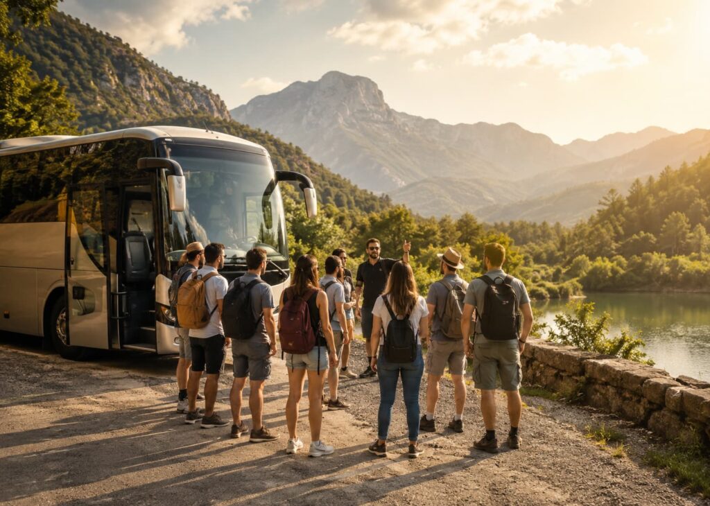 Autobús de excursión con un grupo de viajeros disfrutando de una experiencia organizada en plena naturaleza con Natourplan.