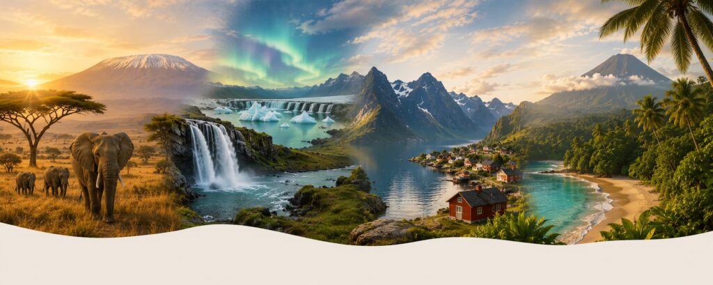 Selección de grandes viajes por Natourplan con paisajes de Tanzania, Islandia, Noruega y Costa Rica.